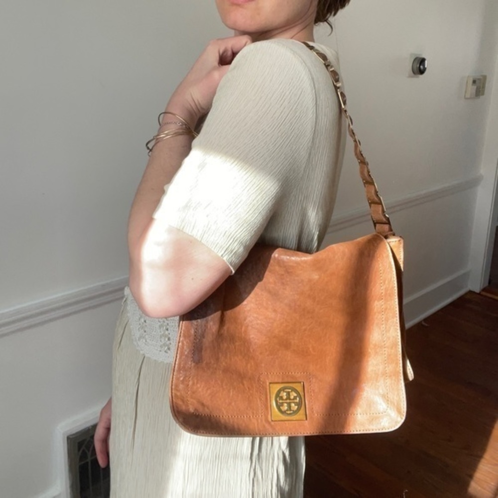 Tory Burch brown leather and gold chain link satchel shoulder bag purse